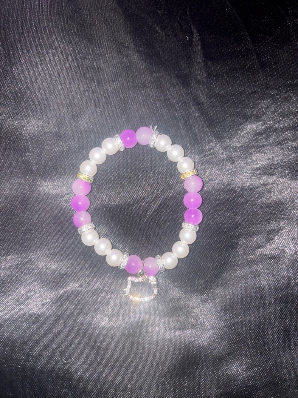 Handmade Purple and Pearl Stretch Beaded Bracelet with Hello Kitty Charm